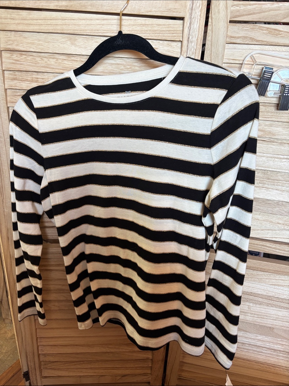Talbots Black, Cream Striped Petite Top with Metallic Trim Petite Small NWT